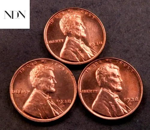 1938+1938-D+1938-S Lincoln Wheat Penny Cent Set - Gem BU Red -- 3 Coin Lot
