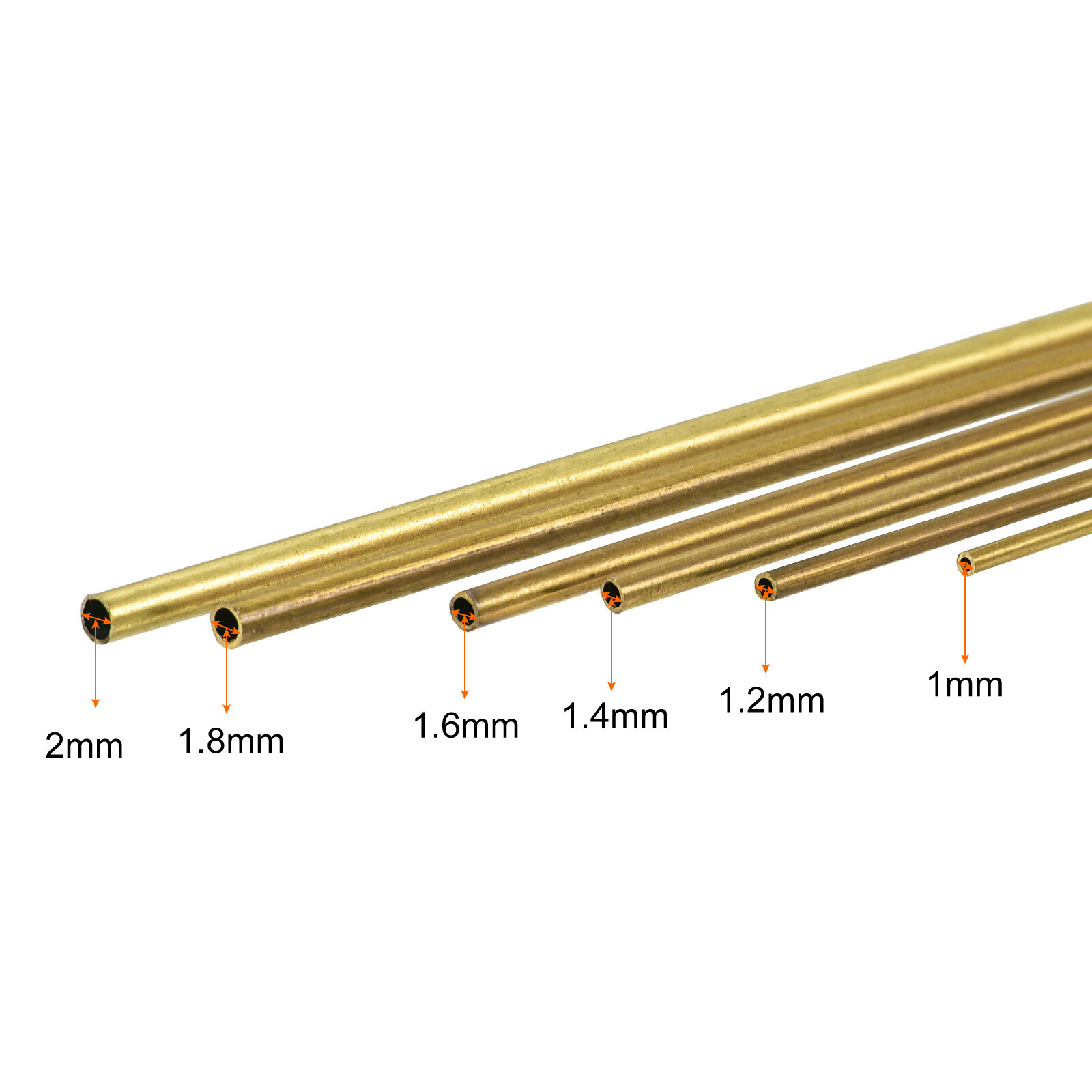 Pack of 6 Brass Tube 1mm 1.2mm 1.4mm 1.6mm 1.8mm 2mm x 0.2mm 300mm Metal Tubing