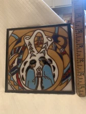 Earthtones hand glazed Southwestern trivet with wedding vase and young love