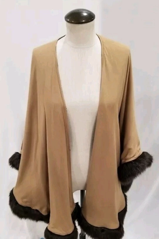 Poncho de piel sintética Dennis Basso vintage capa suave marrón y blanco chal para mujer OSFA Foto 2 de 4
