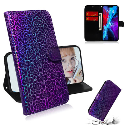 Bling Laser Flower Wallet Cover Case For 12 13 14 S23 Sony Motorola Infinix LG