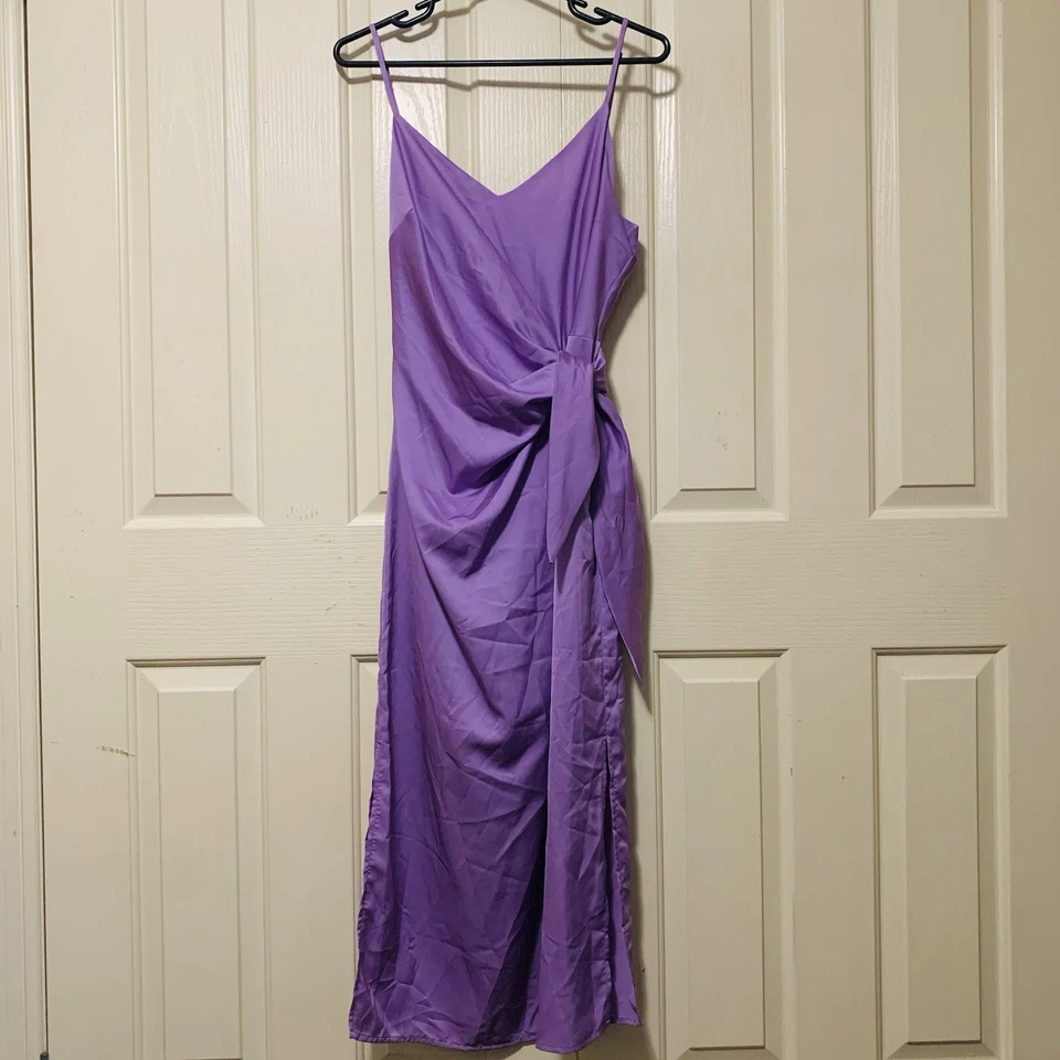 Wayne Cooper Lilac Satin Midi Slip Dress Side Tie Womens Size 16 Balmy Nights