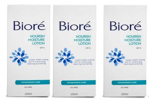 3 x biore 100ml nourish moisture lotion oil-free spf 15 100%