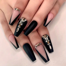 24Pc Long Luxury Rhinestone Fake Nails Black French Tips Press On False Nails