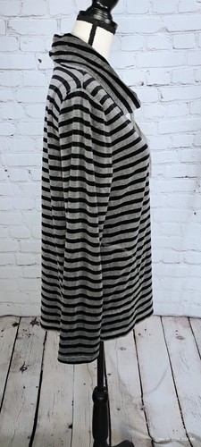 T by Talbots Gray Velour Black Striped Sweatshirt Cowl Neck Drawstring Pockets L - Picture 7 of 18