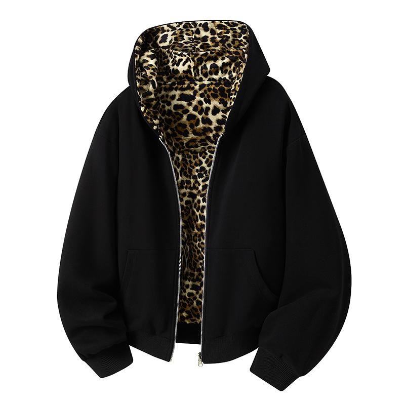 Cropped Leopard Print Hoodie Reversible Fleece Jacket Unisex
