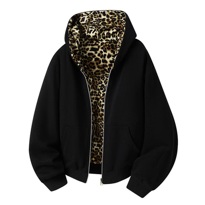 Cropped Leopard Print Hoodie Reversible Fleece Jacket Unisex