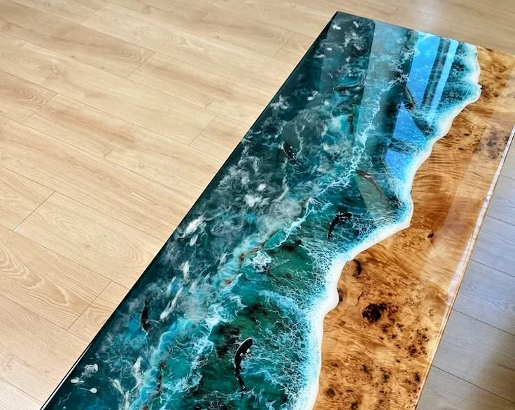 Ocean Wave Blue Epoxy Resin Acacia wooden furniture coffee dining table Top - Image 3 of 4