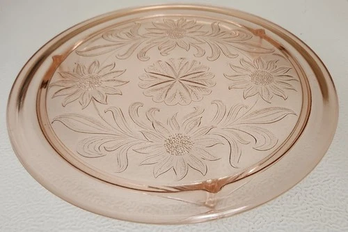 Vintage 10” Jeanette Pink Depression Era Glass Footed Cake Plate Sunflower Daisy