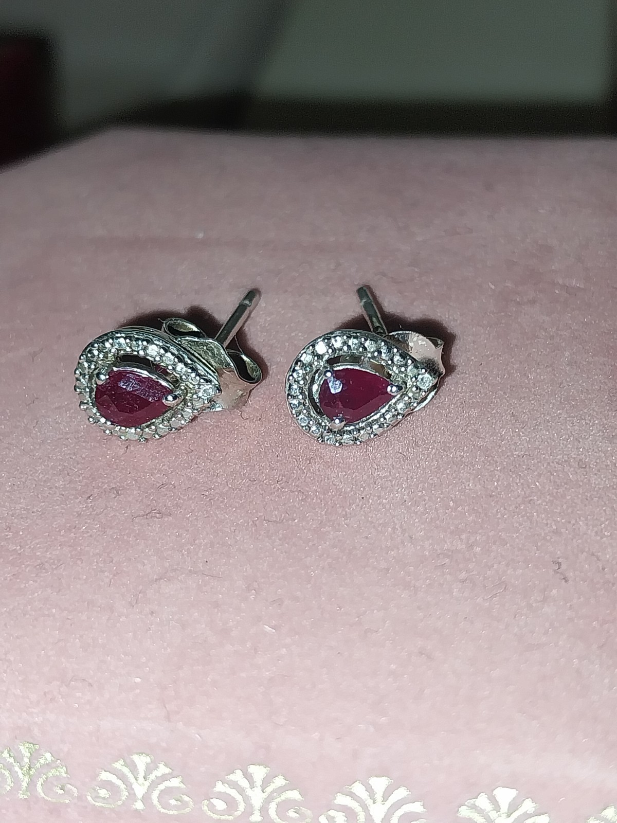 Genuine Ruby Stud Earrings Surrounded By Lab Crea… - image 2