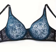 SEXY! MELIYUU BLUE CUPS BLACK WINGS INCREDIBLY SHEER CUPS UNDERWIRE BRA 46B NWT