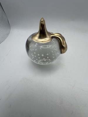 Vntg Paperweight Apple Clear Art Glass Crystal w/Bubbles Brass Leaf & Stem 3  B5