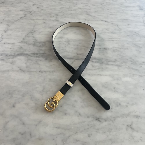 Gucci GG Marmont Reversible Thin Belt Black White Leather Double G Gold Size 80