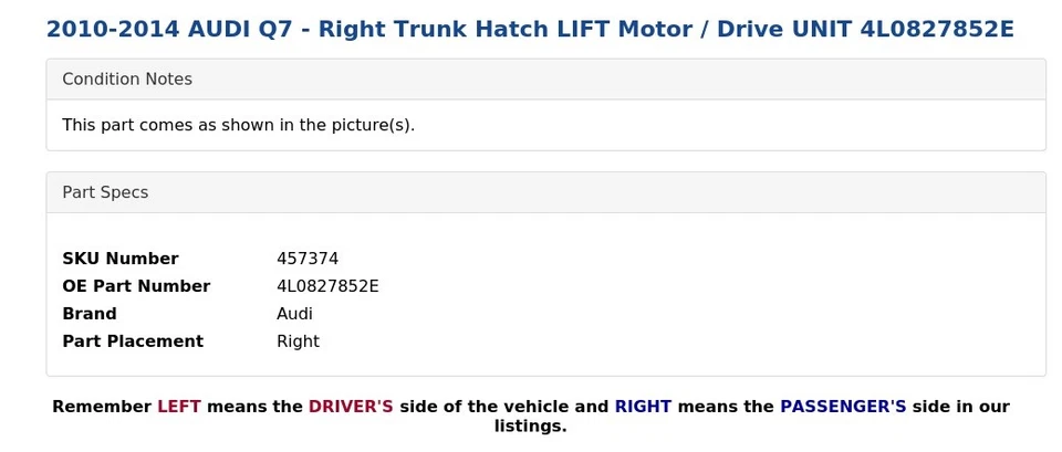 AUDI Q7 2010-2014 - Motor elevador de escotilla maletero derecho/unidad de accionamiento 4L0827852E Foto 4 de 4