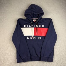Tommy Hilfiger Denim Mens Large Blue Hoodie Flag Logo Pullover Sweatshirt Jumper