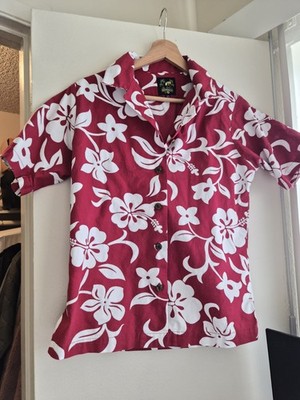 Benny s Women s XS Hawaiian Aloha Shirt Red White Hibiscus Floral Button Up