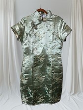 VTG Chinese Satin Dress Satin Brocade Dress Oriental Green M/L See Measurements