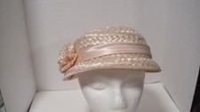 Vintage Milbrae Pale Pink Straw Hat With Flower and Ribbon Brim