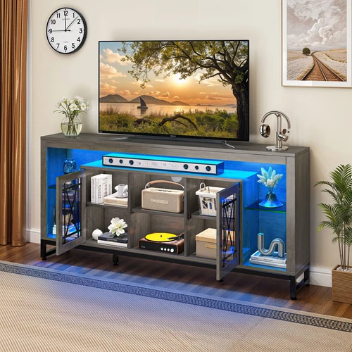 Soporte de TV de 33,5"" de alto para TV de 75" para sala de estar con luces LED y tomas de corriente - Imagen 7 de 11