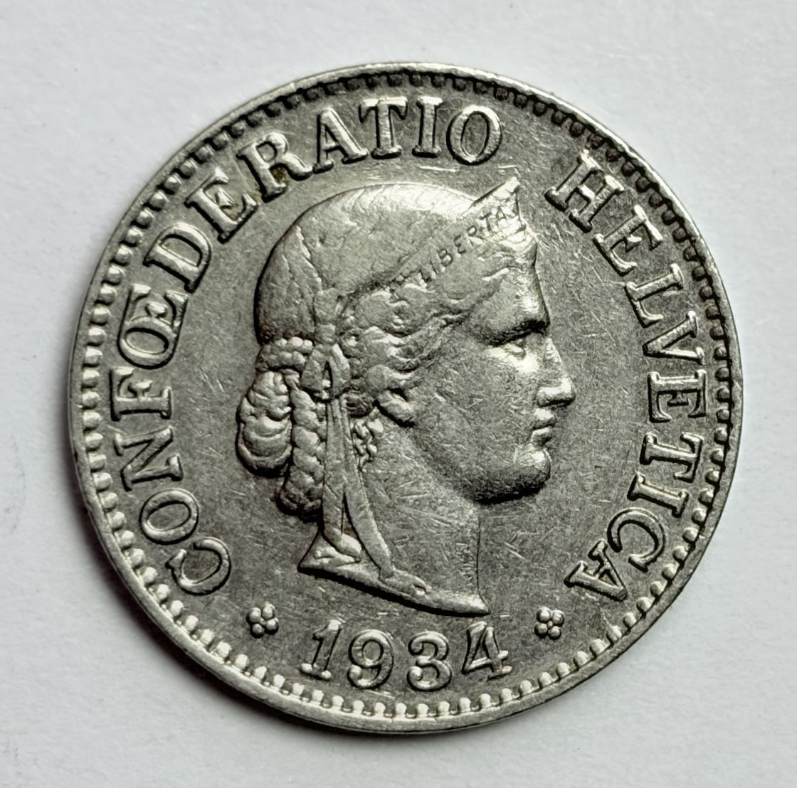1934 B Switzerland with Libertas Liberty Acorns 10 Rappen Genuine