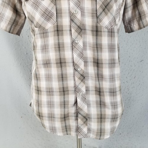 Wrangler WrancheR Shirt Mens Medium Beige Brown Plaid Pearl Snap Western Rodeo - Picture 3 of 13