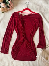 Women’s Burgundy Red Ruched Bodycon Mini Dress Long Sleeve Party Evening Dress