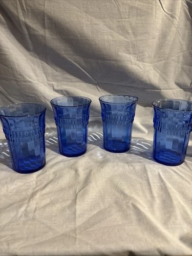 Rare Hocking Roulette Cobalt Blue 4 1/8" Flat Water Tumbler ~ Set Of 4