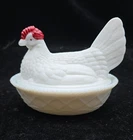Vintage Westmoreland hen on nest milk glass lidded chicken dish 7 1/2" CHIPPED