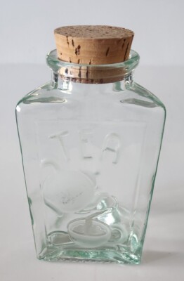 Aqua Frosted Glass 3D Tea Leaves Jar Canister Cork Top TRIANGULAR  ITALY RARE 