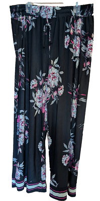 Mlle Gabrielle Pants Womens Sz 3X Dark Floral Wide Leg Pull On Preppy Boho 