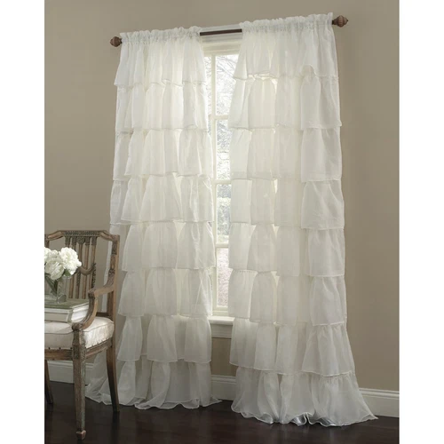 Two (2) Gypsy Ruffled Sheer Curtain Panels, Cream, 60" wide by 63"long