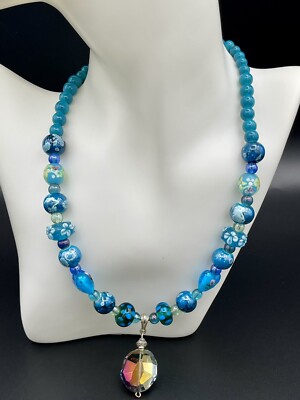 Necklace Hand Crafted Artisan Lamp Work Art Glass Beads Crystal Pendant 18.5 