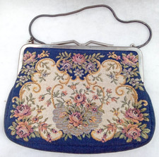 Petite Point Purse Handbag Needlepoint Tapestry Handle Satin Lining West Germany