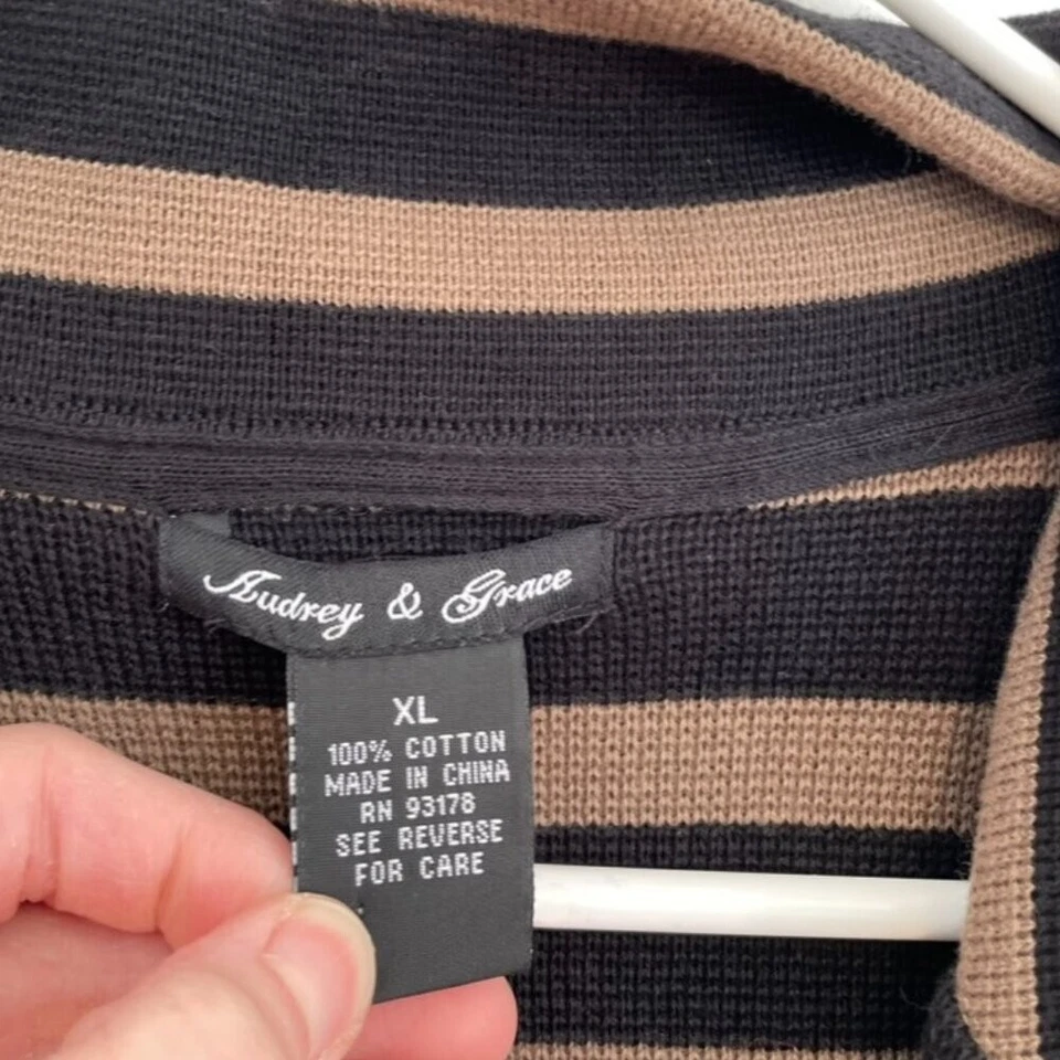 Blazer Suéter AUDREY GRACE Marrón Negro Horizontal Rayas Botón 100% Algodón XL Foto 4 de 4