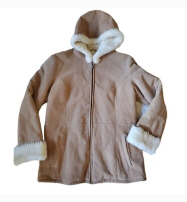 Wilsons Leather Suede Hooded Jacket Women's Size Large Faux Fur Lined  Winter