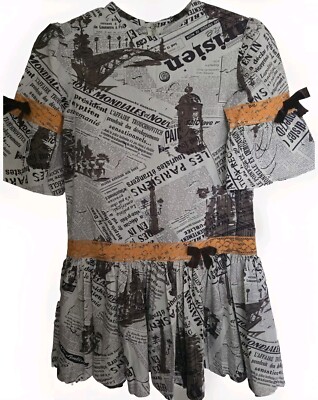 RARE Vtg Newspaper Print Dress Youth 14-16 Handcrafted Skater Dress Ruffle Lace