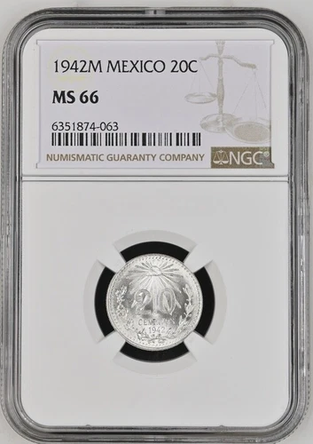 1942M Mexico 20 Centavos NGC MS66 .720 Silver