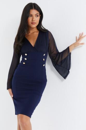 Quiz Mesh Bodycon Long Sleeve Midi Dress in Navy Blue - Picture 1 of 6