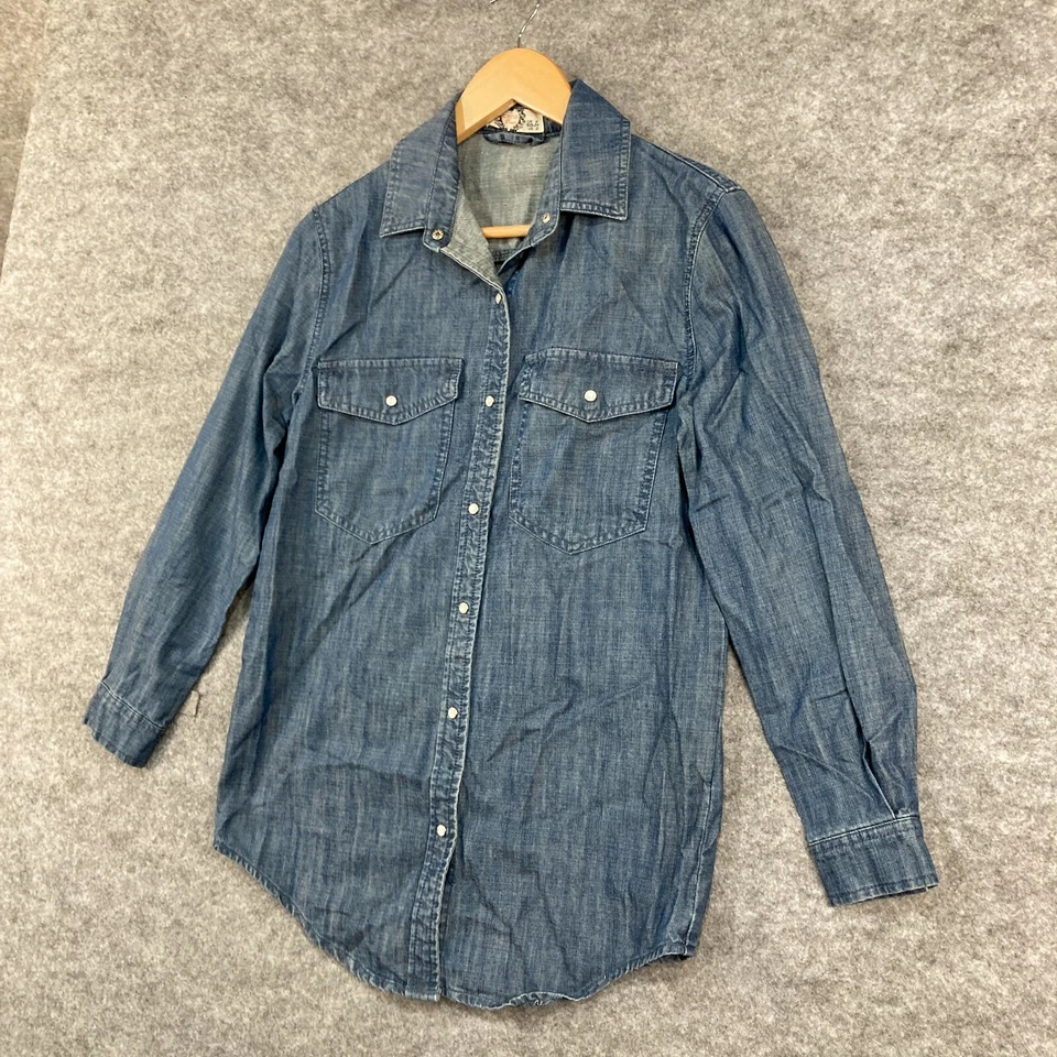 Camiseta de mezclilla Boohoo para mujer talla 6 azul manga larga botones a presión 19712 Foto 3 de 4