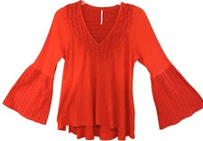 Free People Parisian Nights Thermal Top Size XS Boho Bell Long Sleeve Orange Red