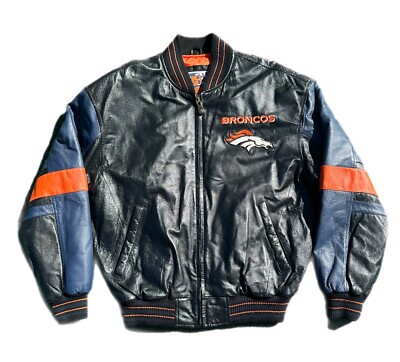 Vintage Denver Broncos Leather Jacket Coat w/ Embroidery By G-III