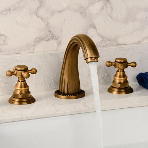 Antique Brass Widespread 3 Holes Bathroom Basin Faucet Two Handle Sink Mixer Tap - Picture 2 of 5