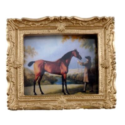 Dollhouse Miniature Horse & Trainer Picture Painting Gold Frame