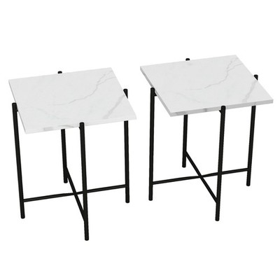 2er Set Marmoroptik Platten Eckig Beistelltisch Couchtisch Metallgestell