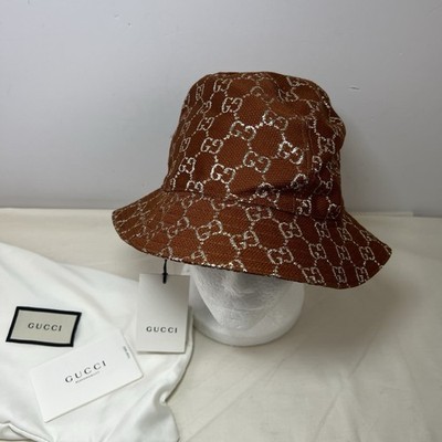 $590 GUCCI Rust Brown PALE GOLD GG LOGO LAME Wool Blend BUCKET FEDORA HAT Sz S