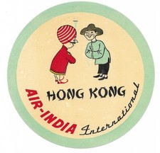 LARGE Authentic Vintage Luggage Label ~ AIR INDIA INTERNATIONAL / HONG KONG