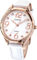 Comtex Damen-Armbanduhr Analog Quarz RoséGold Mit Diamanten Und Lederarmband
