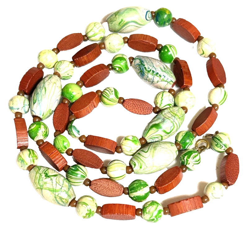 VINATE GREEN SWIRL BROWN WOOD BEADED NECKLACE DROP 18" TAIWAN ROC