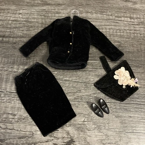 Vintage Barbie Size 1960s Outfit Set - Black Velvet Skirt Set & Accessories