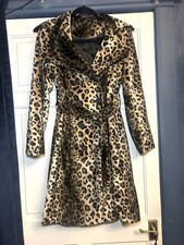 Vintage New Look Size 8 Fitted Leopard Belted Double Breasted Coat Faux Fur